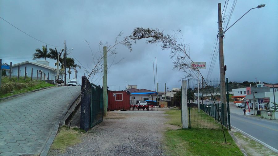 A entrada da Toca da Onça pelo portão da rodovia, com o bambu arqueado sobre o acesso de saibro