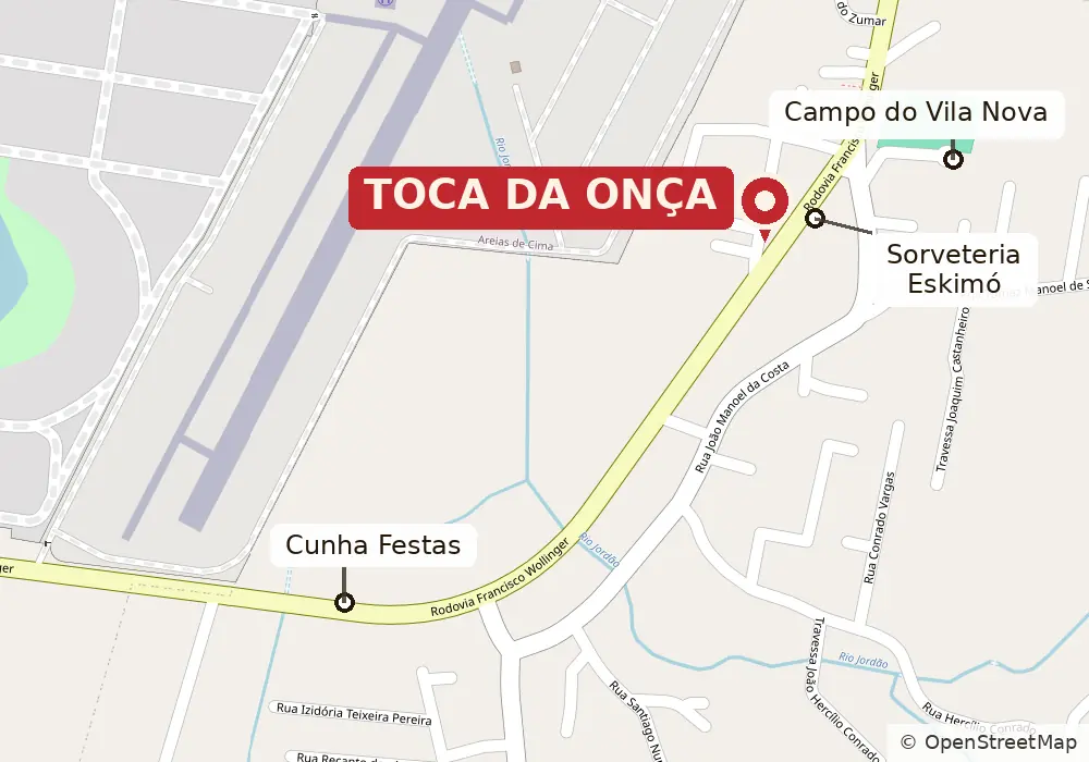 Mapa: a Toca fica na Rodovia Francisco Wollinger, em Areias do Meio,
                    em frente à sorveteria Eskimó e perto do campo do Vila Nova;
                    o Cunha Festas fica na curva, a 500 m.